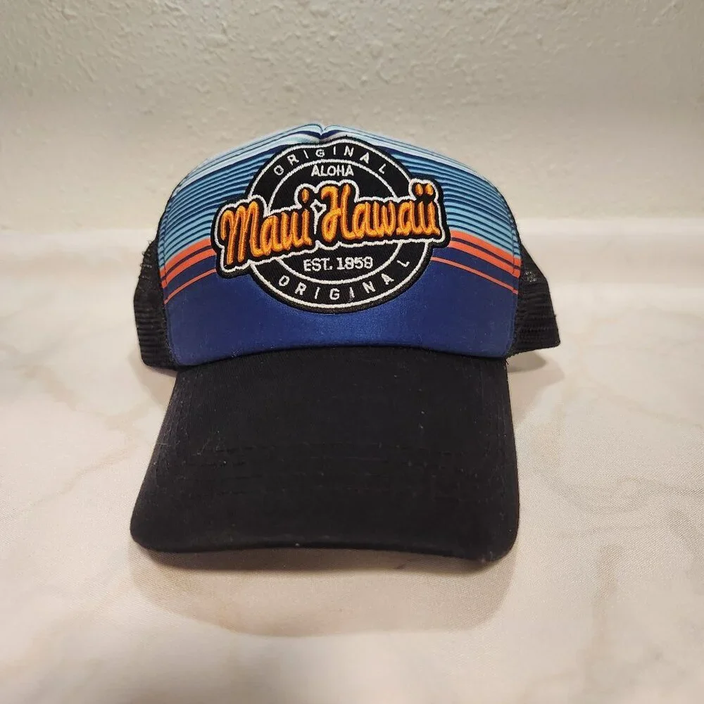 Maui Hawaii‎ Snap Back Trucker Hat Black Bill Blue and Red Front